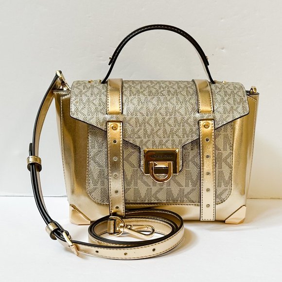 Michael Kors Manhattan Medium Satchel Shoulder Crossbody Bag MK Pale Gold - Picture 1 of 13